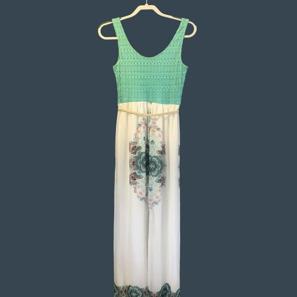 Lily Rose Tank Maxi Dress Sz S Crochet Top Boho Print Mint Green 70s Vibe Lined - Picture 5 of 10